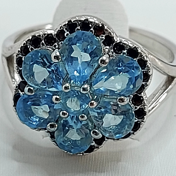 Natural Blue Apatite 5x4mm & Black Spinel 925 Sterling Silver Ring Size 7 - Picture 8 of 11